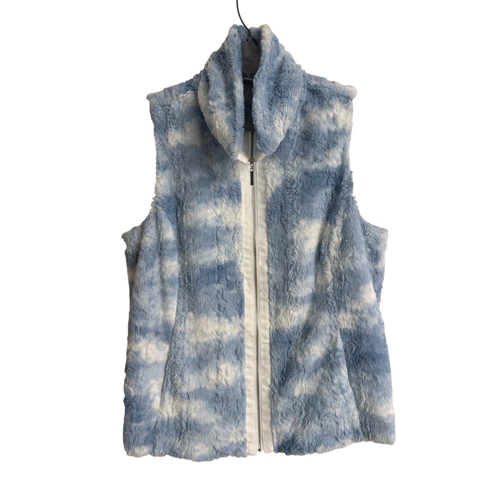 Chicos Faux Fur Vest Blue White Cloud Pattern Zip Front Funnel Neck Size 2 Large